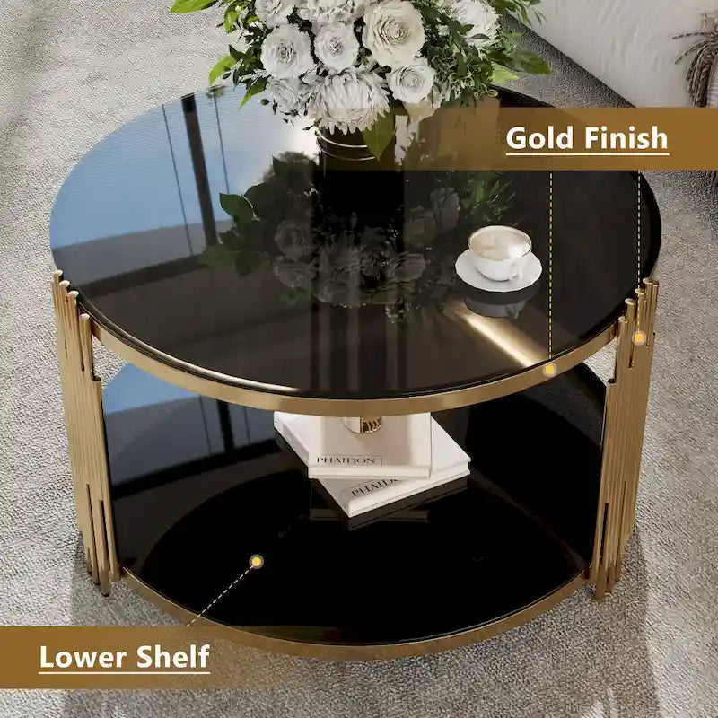 Table basse moderne Black Mirror avec finition dorée et étagère inférieure
