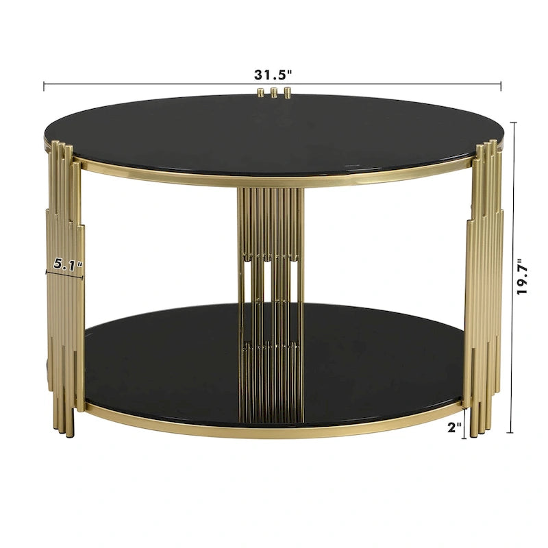 Table basse moderne Black Mirror avec finition dorée et étagère inférieure