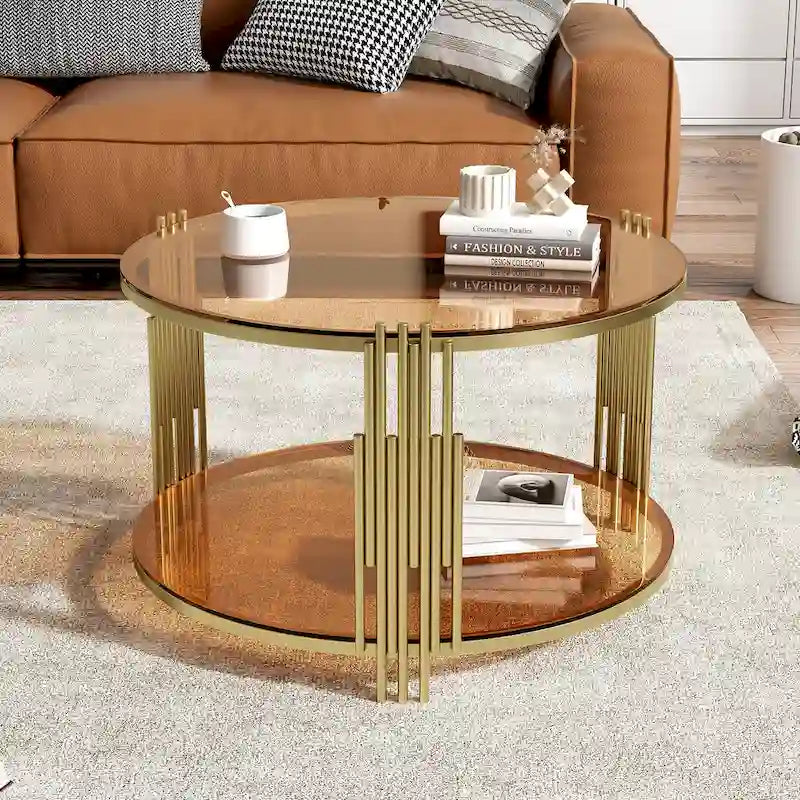 Table basse moderne Black Mirror avec finition dorée et étagère inférieure