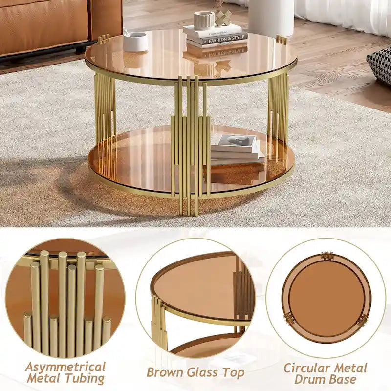 Table basse moderne Black Mirror avec finition dorée et étagère inférieure