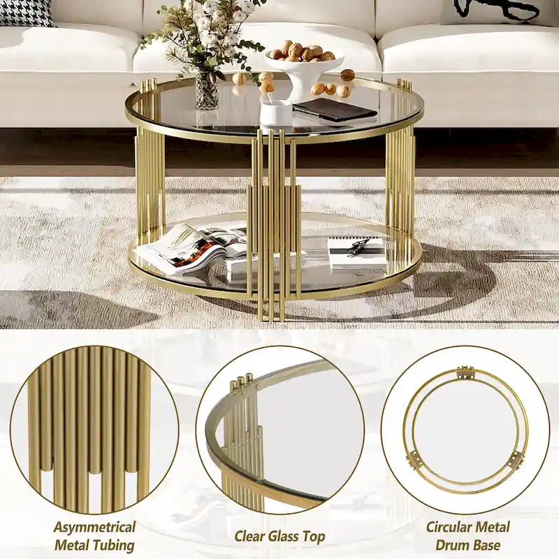 Table basse moderne Black Mirror avec finition dorée et étagère inférieure