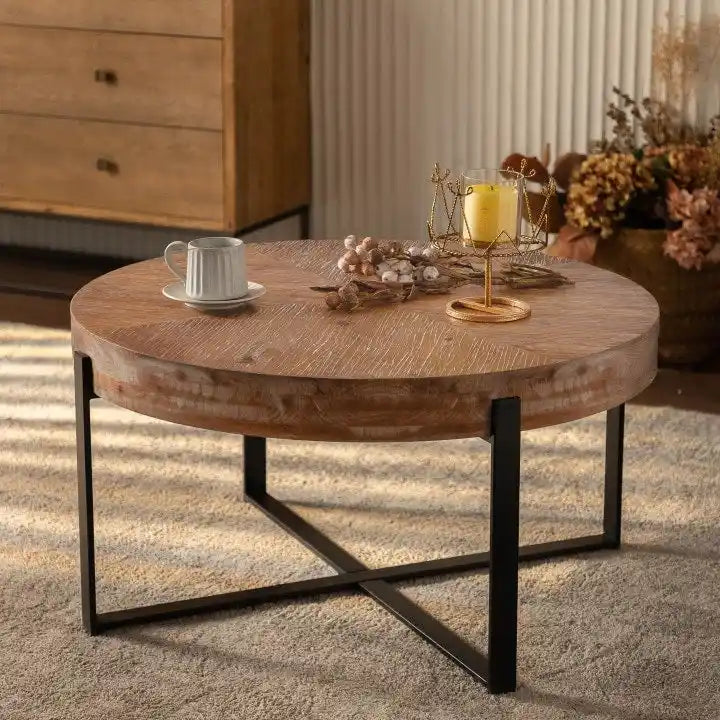 Table basse ronde rétro moderne avec pieds croisés
