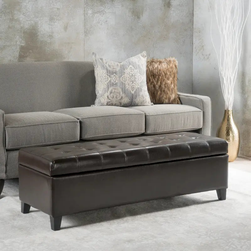 Brown Tufted Faux Leather Ottoman Storage Bench