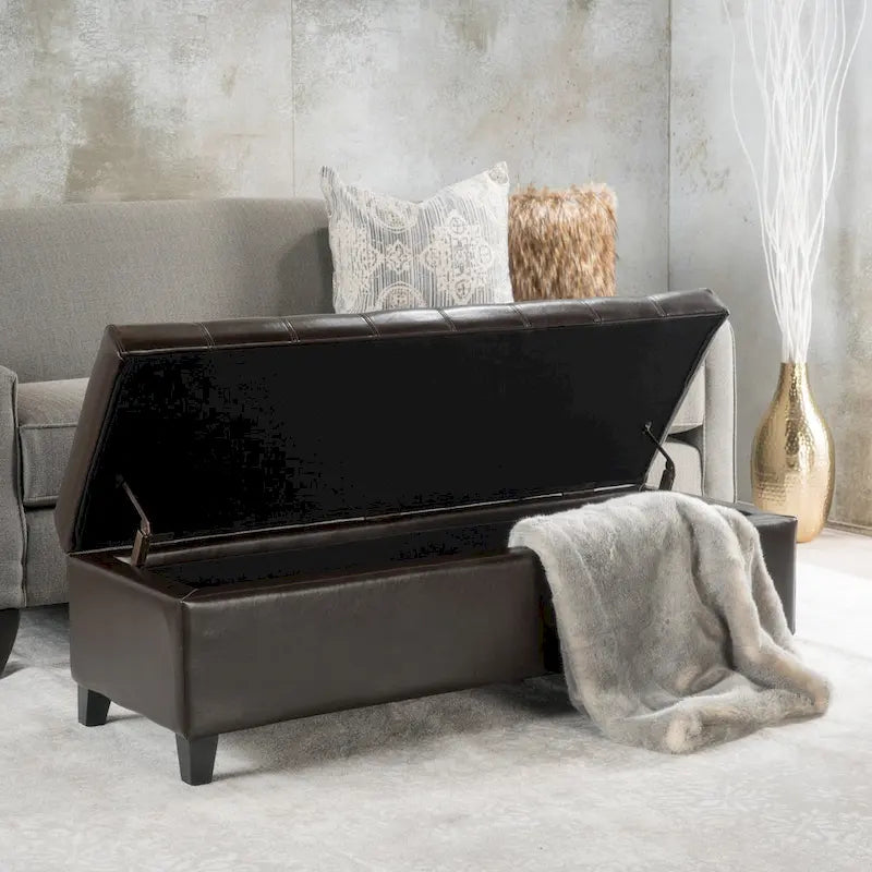Banc de rangement ottoman en similicuir touffeté marron