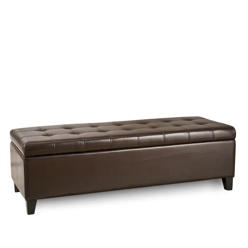 Brown Tufted Faux Leather Ottoman Storage Bench