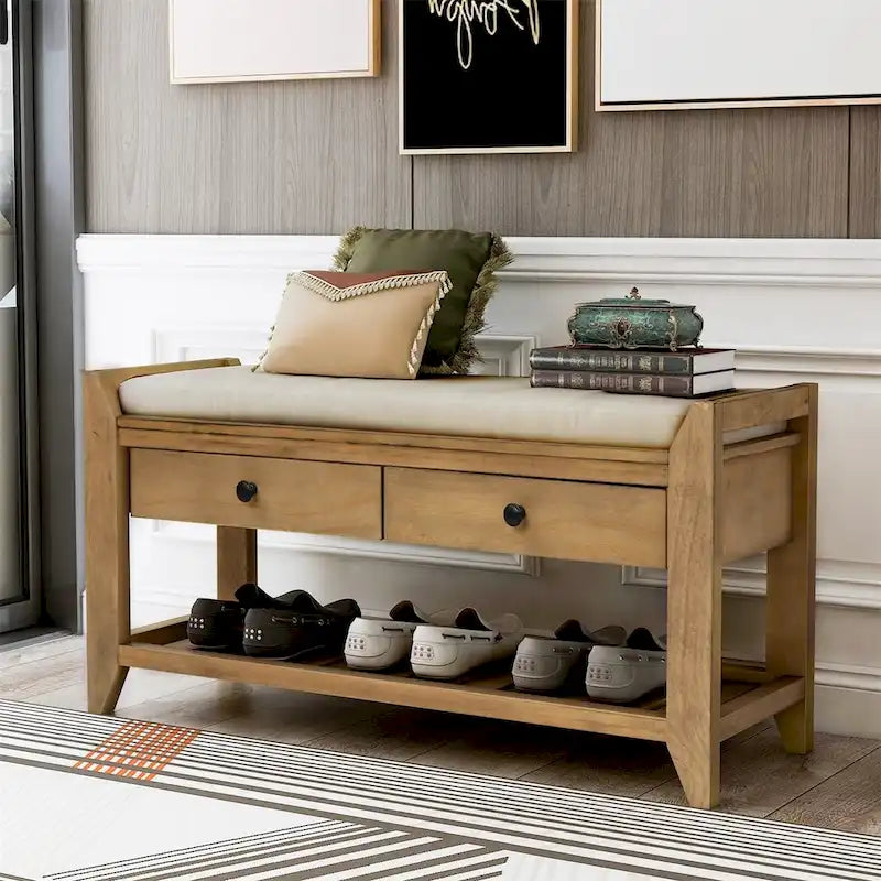 Merax Multipurpose Storage Bench Shoe Rack with Cushioned Seat and Drawers