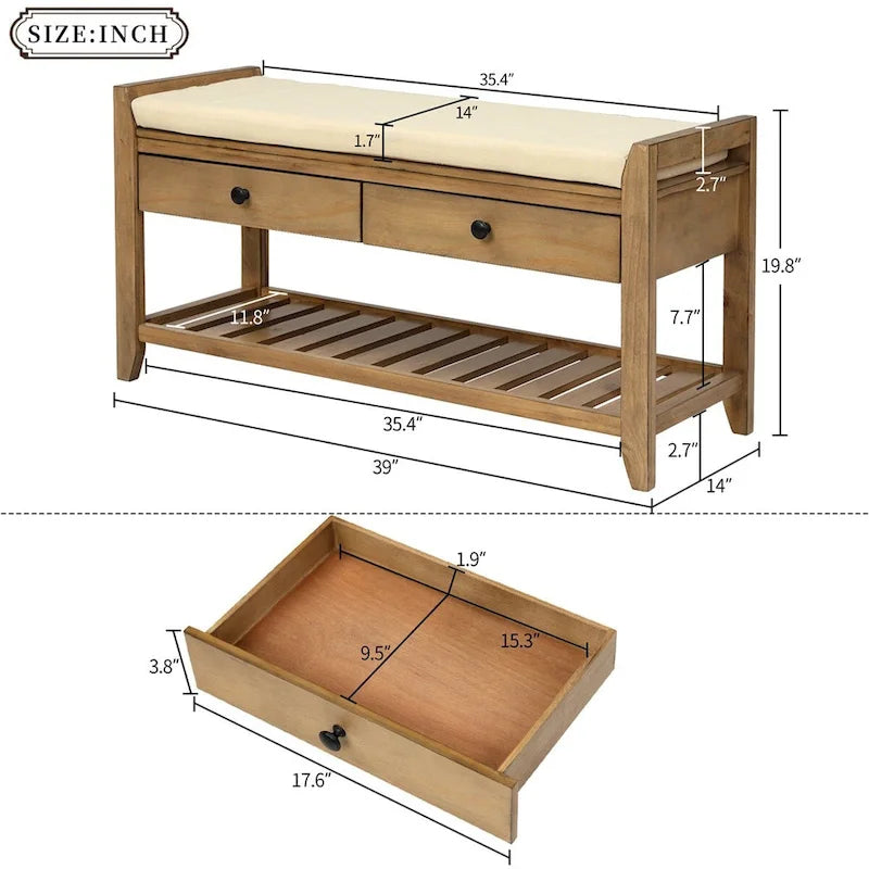 Banc de rangement multifonction avec porte-chaussures, siège rembourré et tiroirs