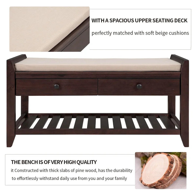 Banc de rangement multifonction avec porte-chaussures, siège rembourré et tiroirs