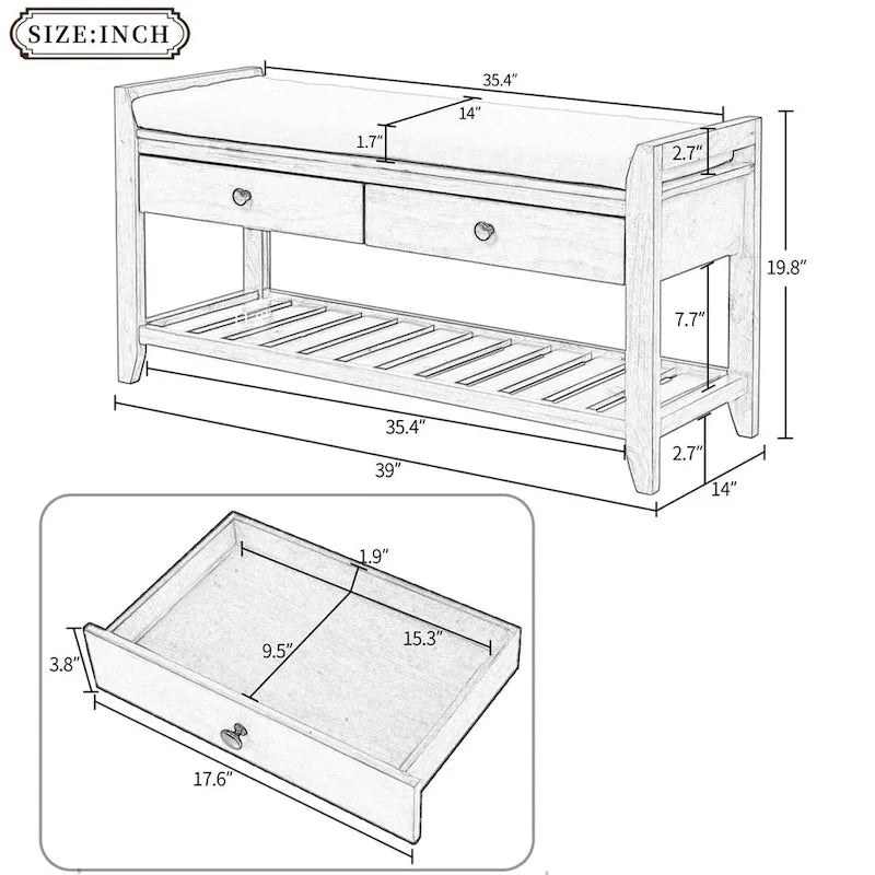 Banc de rangement multifonction avec porte-chaussures, siège rembourré et tiroirs