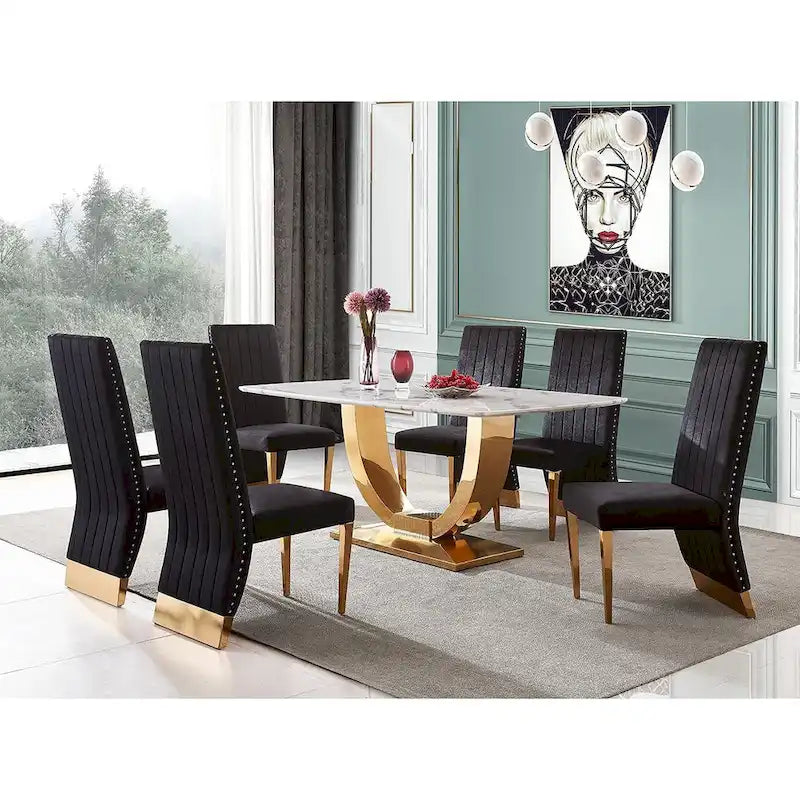 Chaises de salle à manger modernes à dossier haut avec clous décoratifs et pieds en métal poli