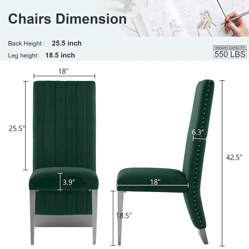 Chaises de salle à manger modernes à dossier haut avec clous décoratifs et pieds en métal poli