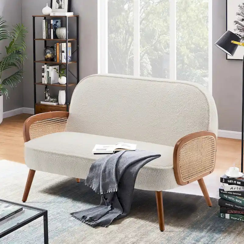 Petit canapé de 104 cm avec accoudoirs en rotin naturel et mini-canapé tapissé