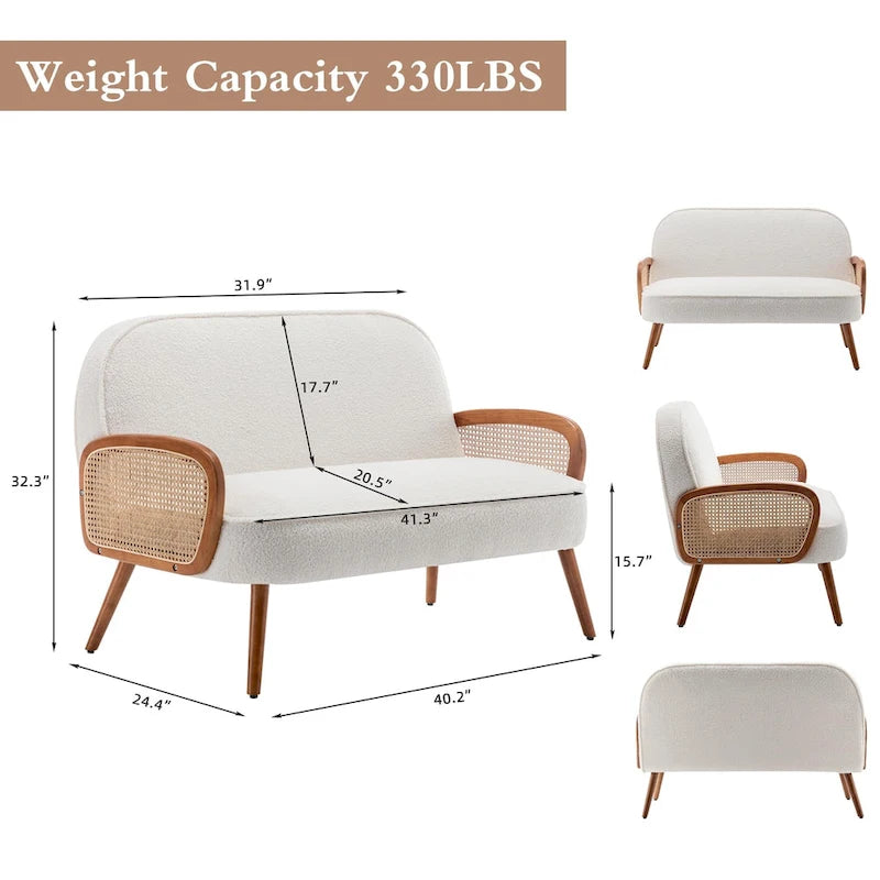 Petit canapé de 104 cm avec accoudoirs en rotin naturel et mini-canapé tapissé