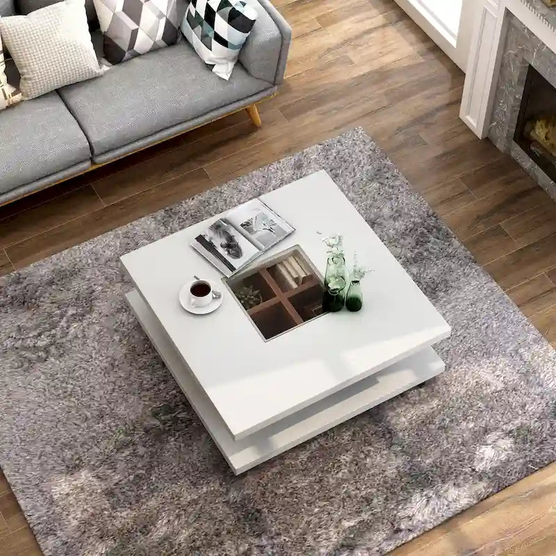 Table basse profil bas moderne avec insert en verre de 32 po, blanche
