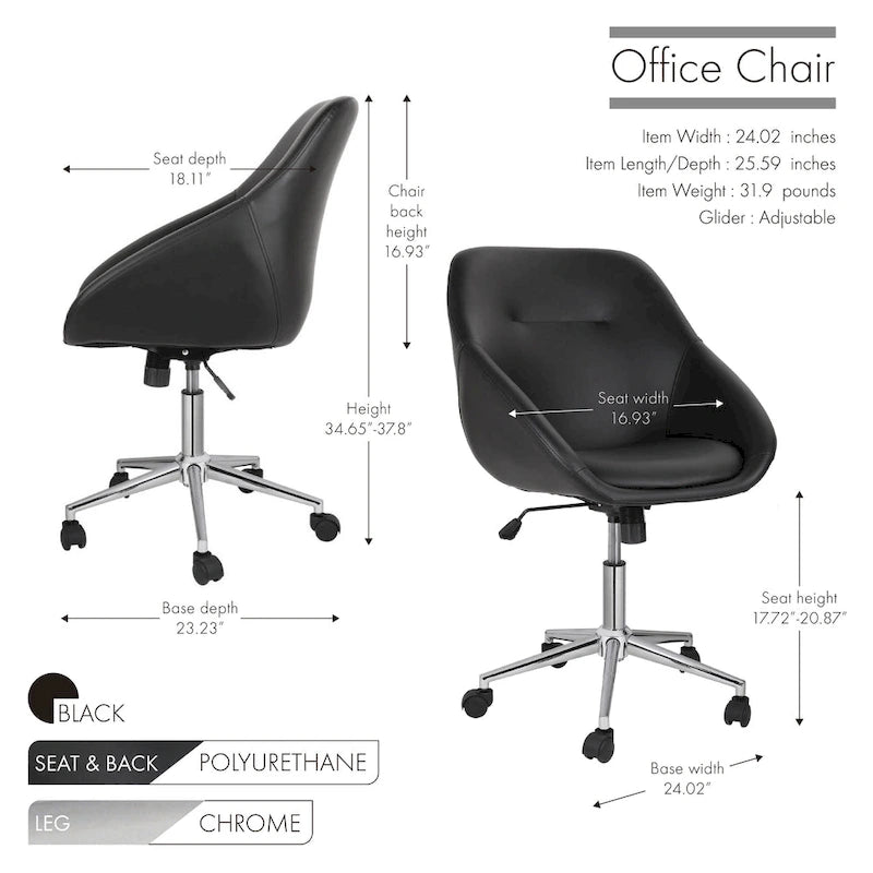 Chaise de bureau pivotante avec piètement chromé, cuir PU