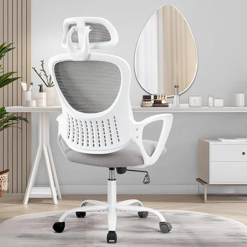 Chaise de bureau ergonomique en maille, Chaise de bureau à dossier haut avec accoudoirs fixes, appuie-tête réglable et roulettes pivotantes