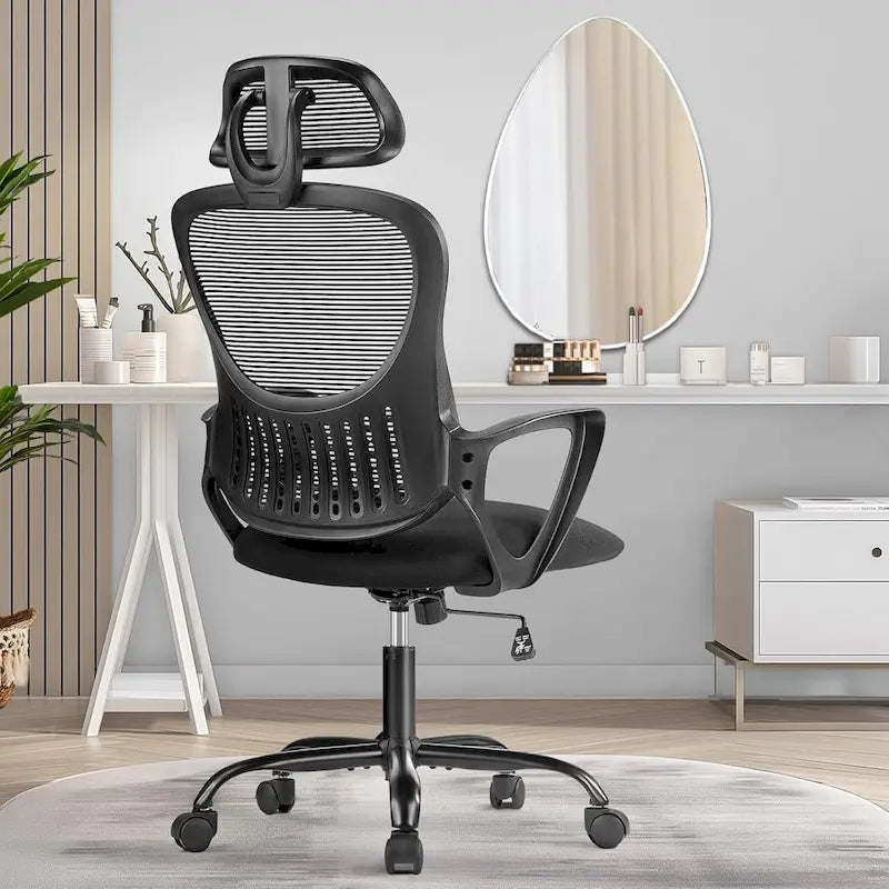 Chaise de bureau ergonomique en maille, Chaise de bureau à dossier haut avec accoudoirs fixes, appuie-tête réglable et roulettes pivotantes