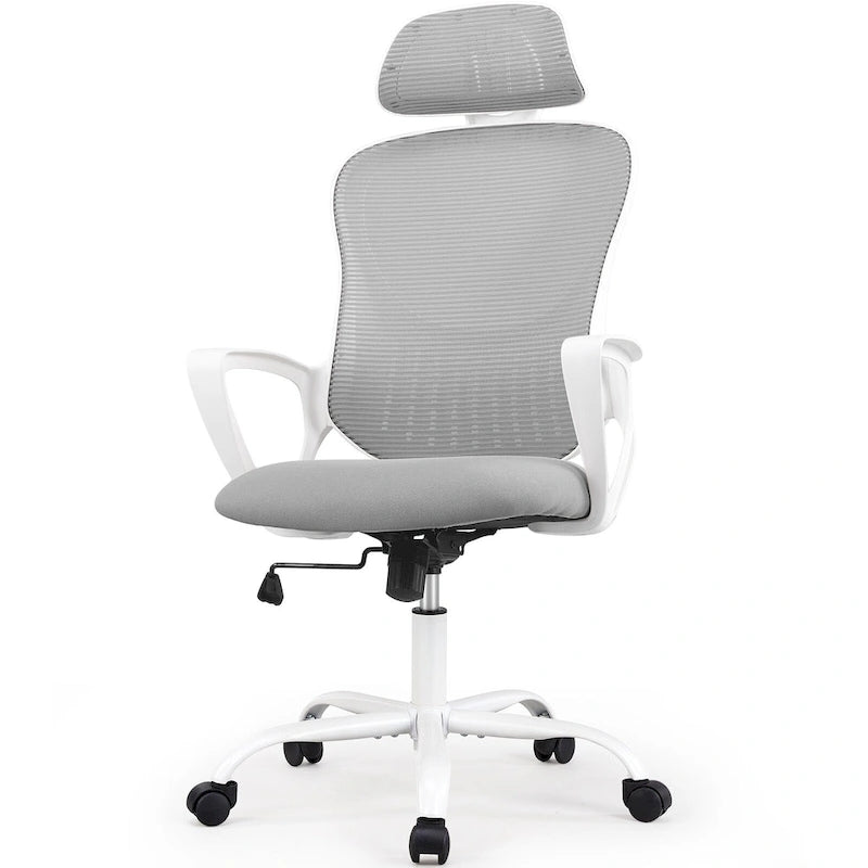 Chaise de bureau ergonomique en maille, Chaise de bureau à dossier haut avec accoudoirs fixes, appuie-tête réglable et roulettes pivotantes