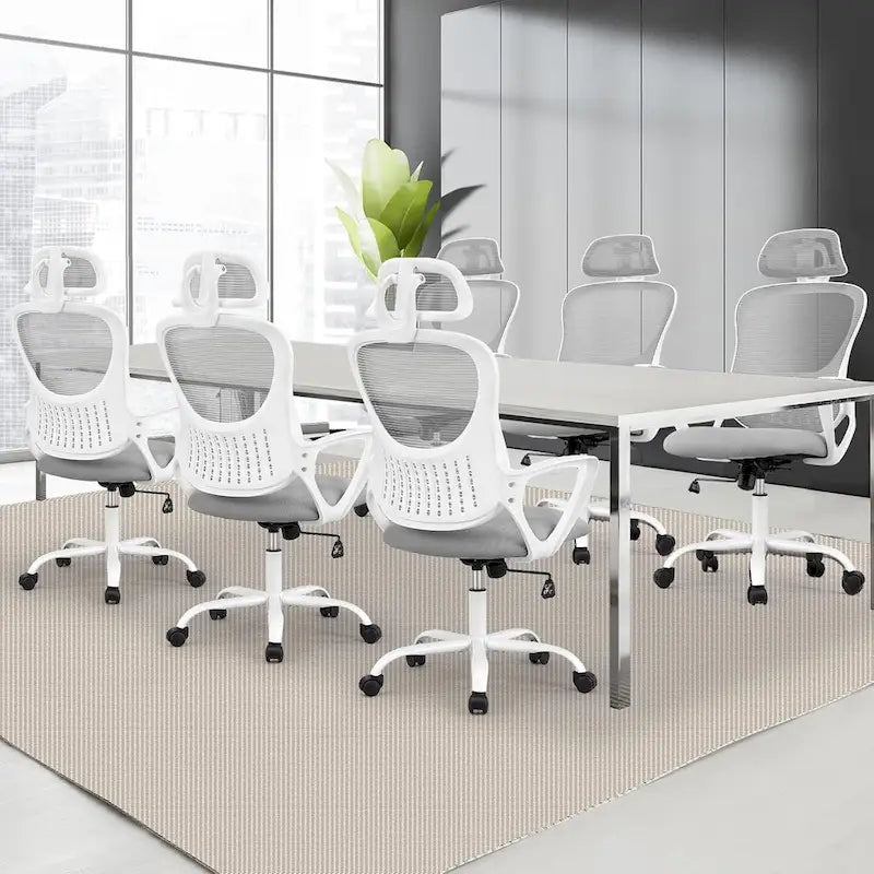 Chaise de bureau ergonomique en maille, Chaise de bureau à dossier haut avec accoudoirs fixes, appuie-tête réglable et roulettes pivotantes