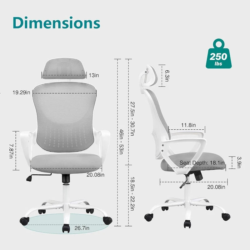 Chaise de bureau ergonomique en maille, Chaise de bureau à dossier haut avec accoudoirs fixes, appuie-tête réglable et roulettes pivotantes