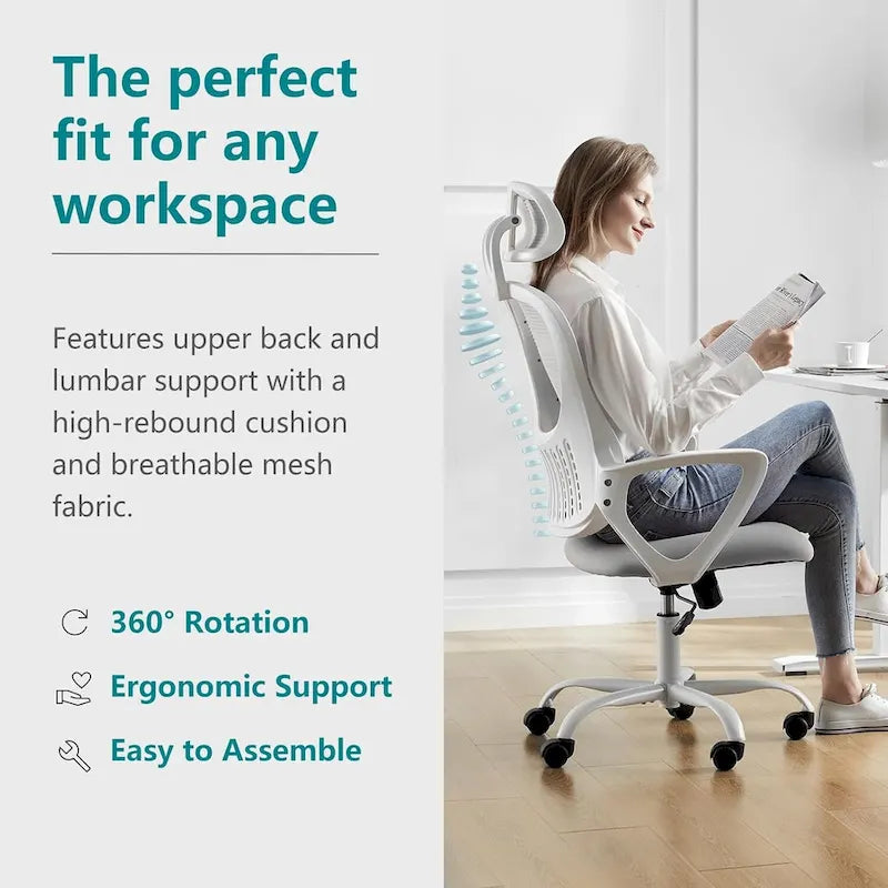 Chaise de bureau ergonomique en maille, Chaise de bureau à dossier haut avec accoudoirs fixes, appuie-tête réglable et roulettes pivotantes