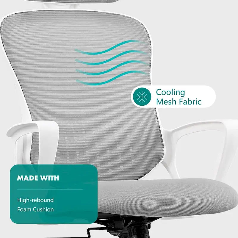 Chaise de bureau ergonomique en maille, Chaise de bureau à dossier haut avec accoudoirs fixes, appuie-tête réglable et roulettes pivotantes