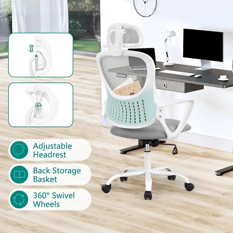 Chaise de bureau ergonomique en maille, Chaise de bureau à dossier haut avec accoudoirs fixes, appuie-tête réglable et roulettes pivotantes