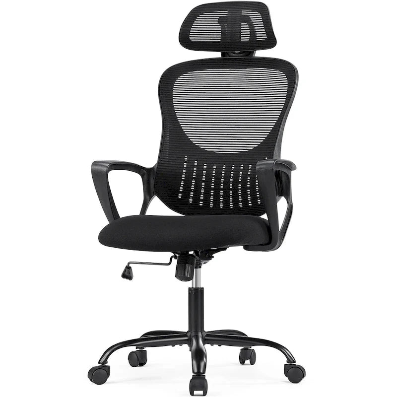 Chaise de bureau ergonomique en maille, Chaise de bureau à dossier haut avec accoudoirs fixes, appuie-tête réglable et roulettes pivotantes