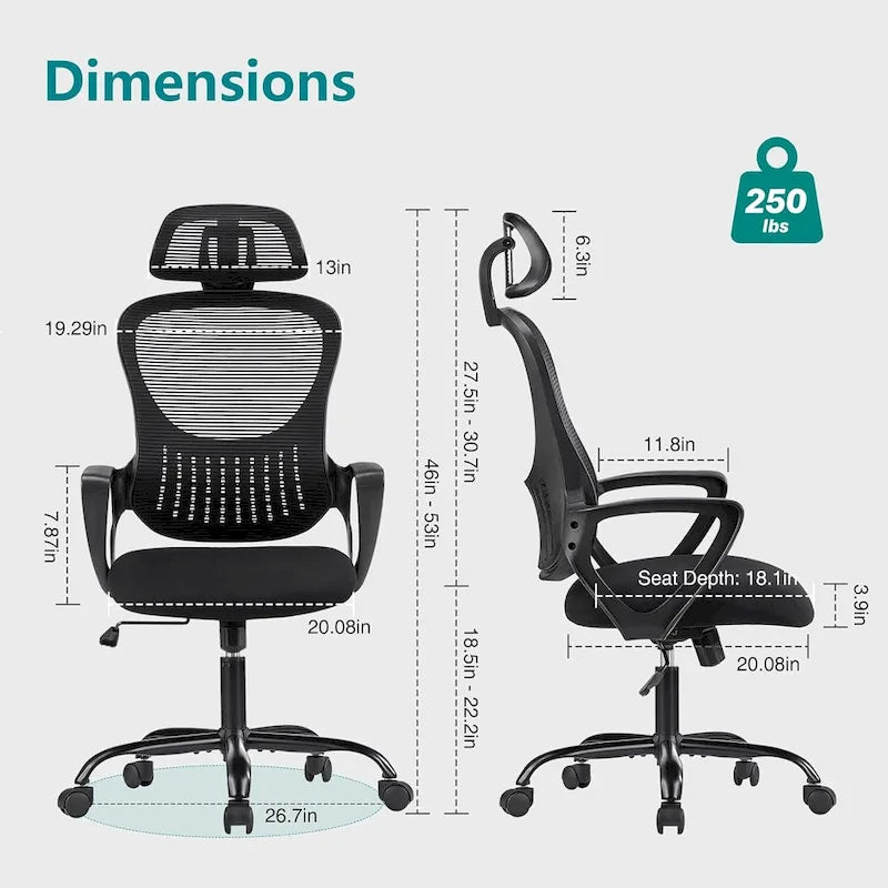Chaise de bureau ergonomique en maille, Chaise de bureau à dossier haut avec accoudoirs fixes, appuie-tête réglable et roulettes pivotantes