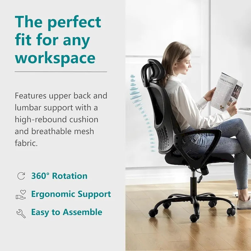 Chaise de bureau ergonomique en maille, Chaise de bureau à dossier haut avec accoudoirs fixes, appuie-tête réglable et roulettes pivotantes