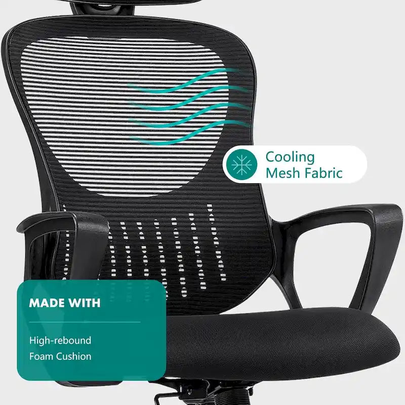 Chaise de bureau ergonomique en maille, Chaise de bureau à dossier haut avec accoudoirs fixes, appuie-tête réglable et roulettes pivotantes