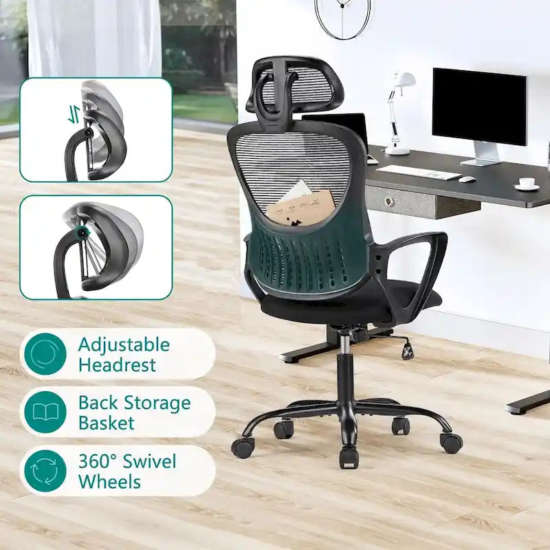 Chaise de bureau ergonomique en maille, Chaise de bureau à dossier haut avec accoudoirs fixes, appuie-tête réglable et roulettes pivotantes