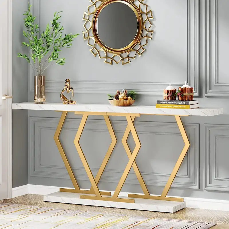 Console de 180 cm avec plateau en faux marbre et pieds en métal
