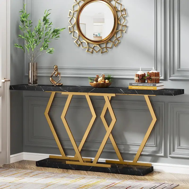 Console de 180 cm avec plateau en faux marbre et pieds en métal