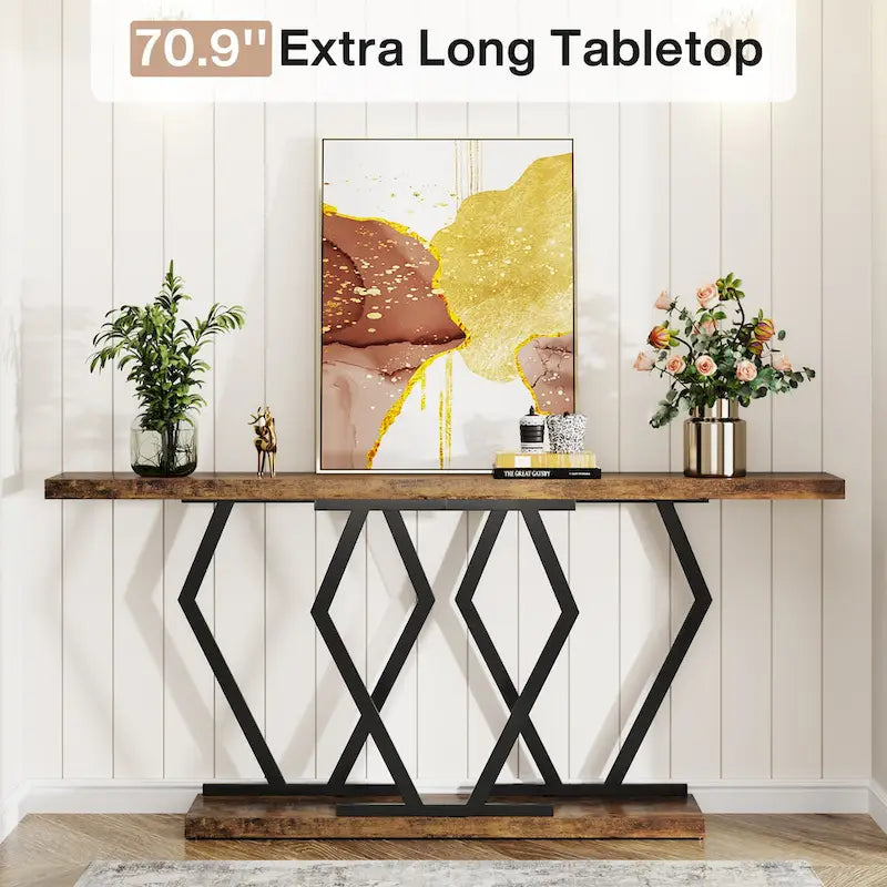 Console de 180 cm avec plateau en faux marbre et pieds en métal