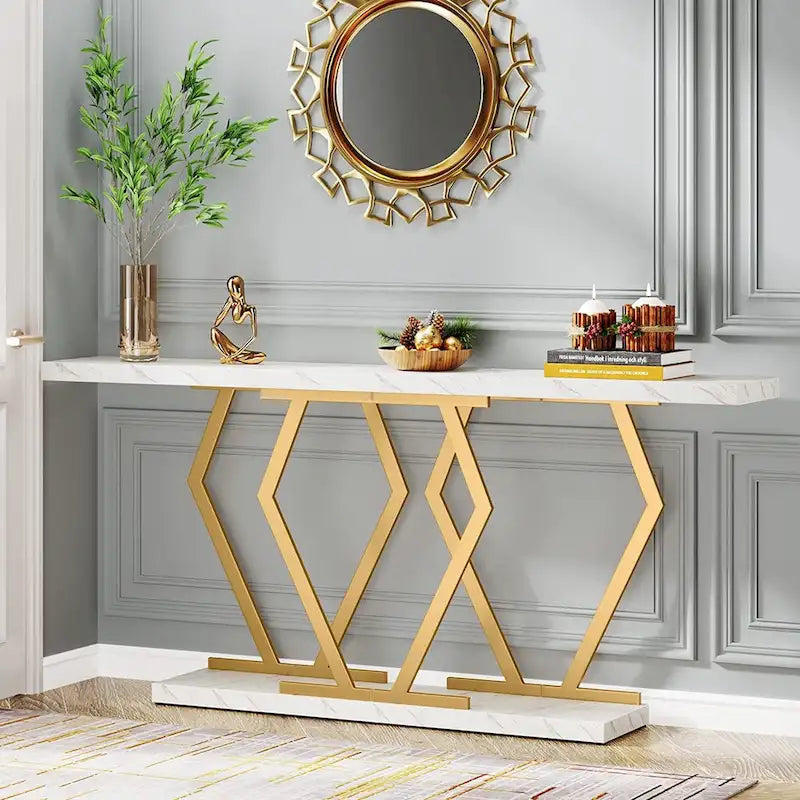 Console de 180 cm avec plateau en faux marbre et pieds en métal