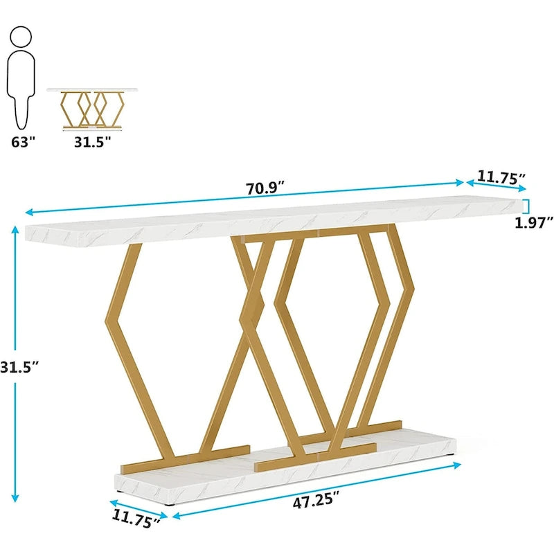 Console de 180 cm avec plateau en faux marbre et pieds en métal