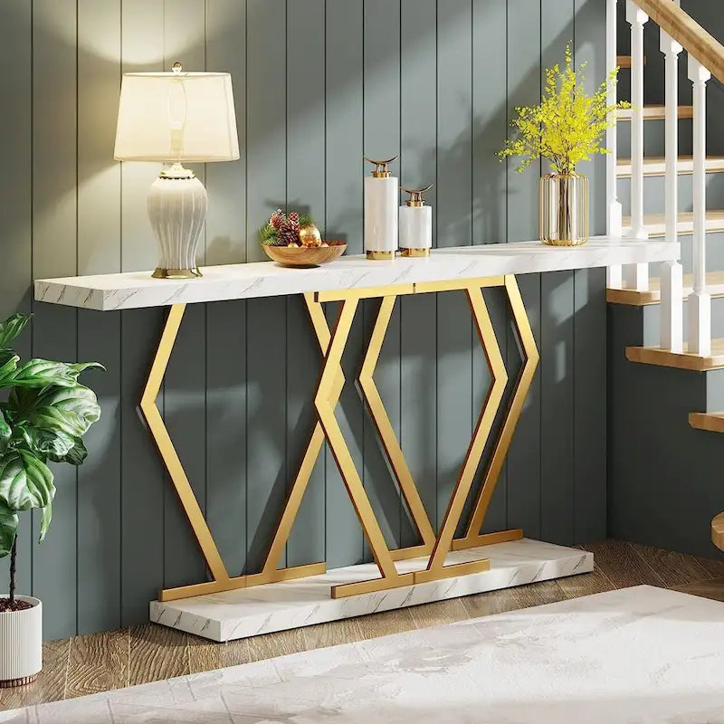 Console de 180 cm avec plateau en faux marbre et pieds en métal