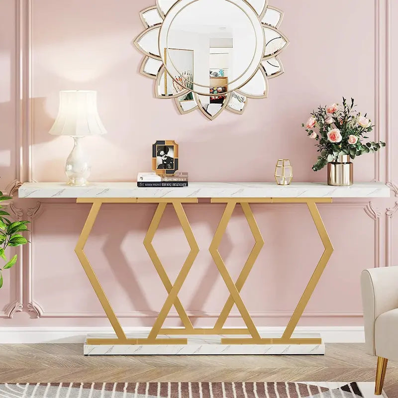 Console de 180 cm avec plateau en faux marbre et pieds en métal