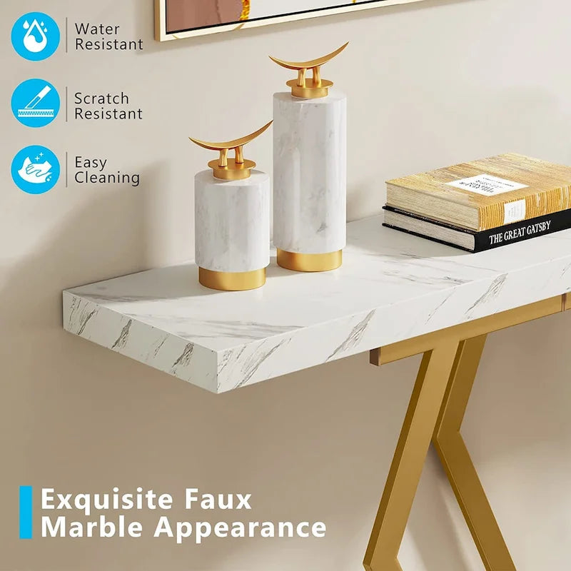 Console de 180 cm avec plateau en faux marbre et pieds en métal