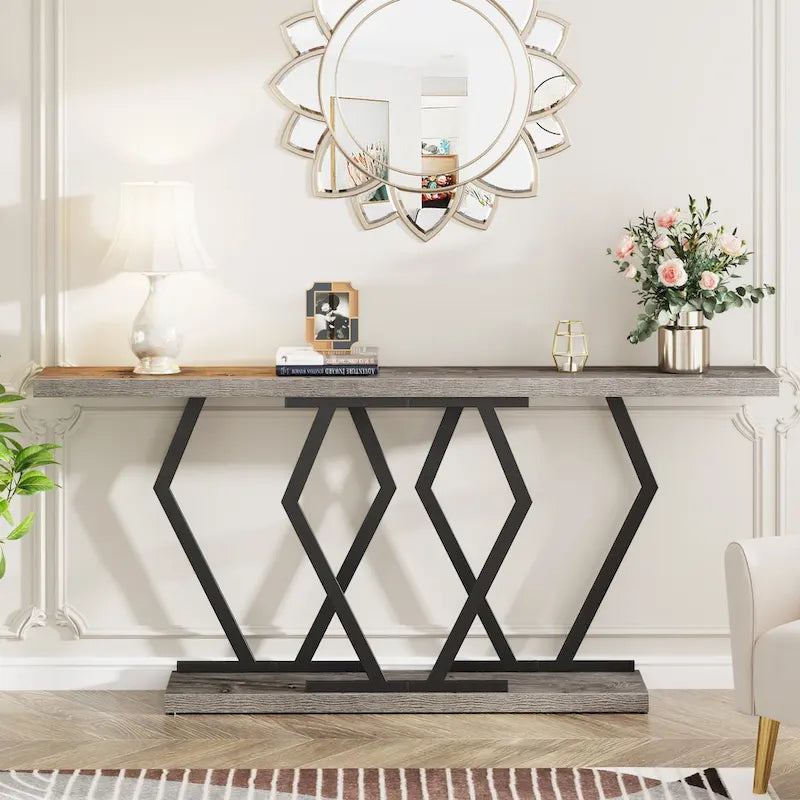 Console de 180 cm avec plateau en faux marbre et pieds en métal