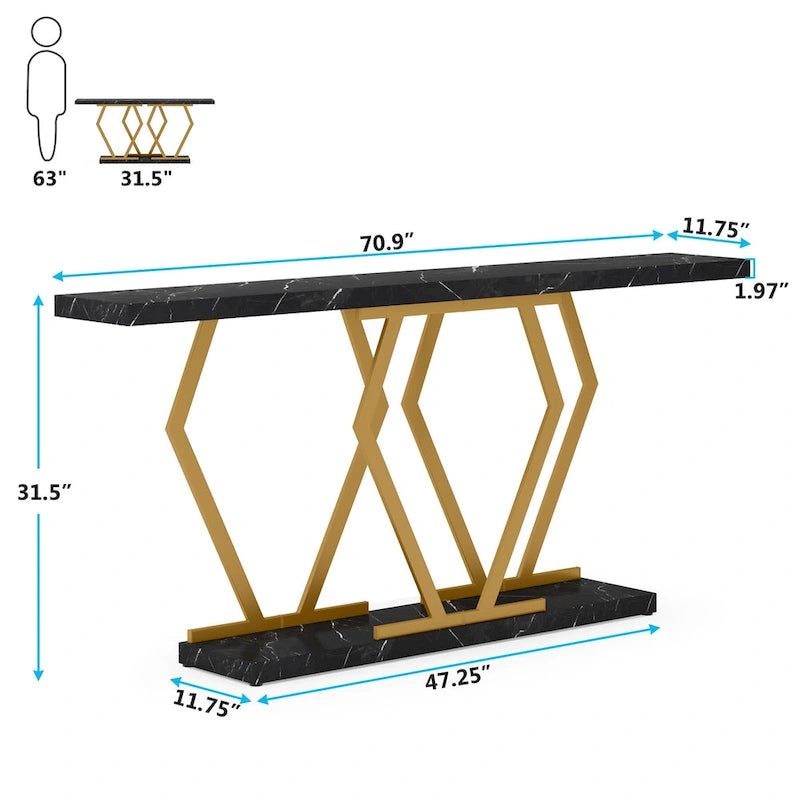 Console de 180 cm avec plateau en faux marbre et pieds en métal