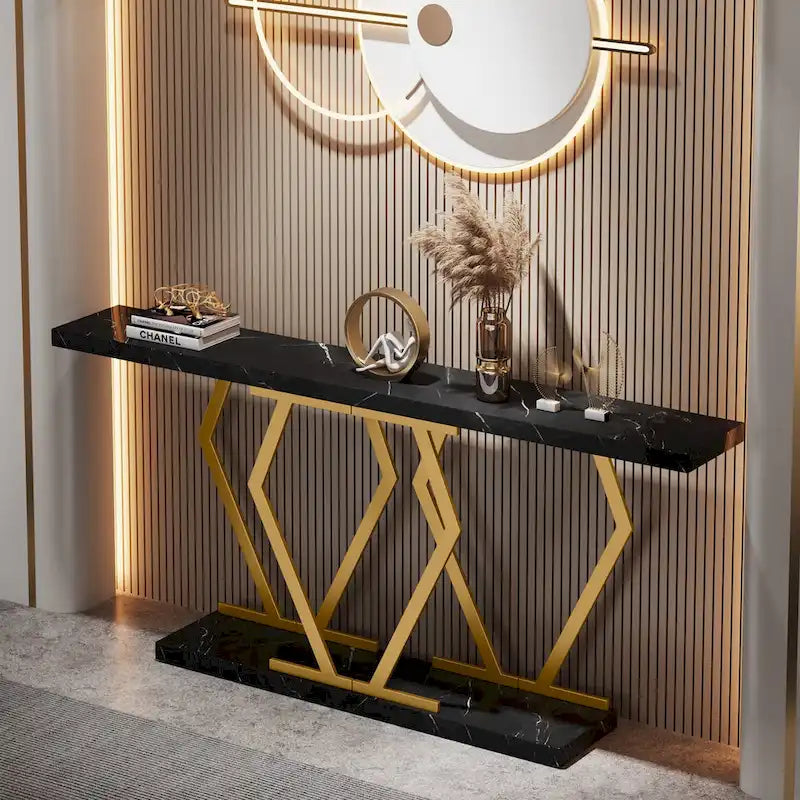 Console de 180 cm avec plateau en faux marbre et pieds en métal