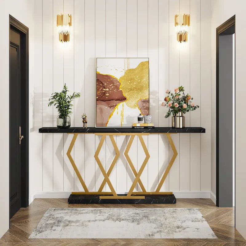 Console de 180 cm avec plateau en faux marbre et pieds en métal
