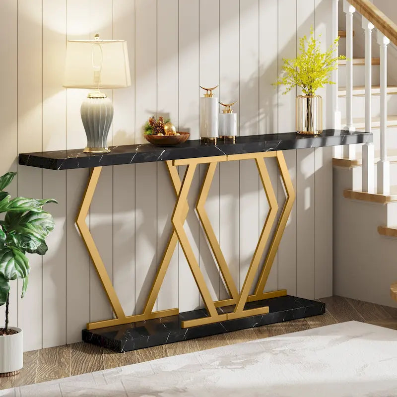 Console de 180 cm avec plateau en faux marbre et pieds en métal