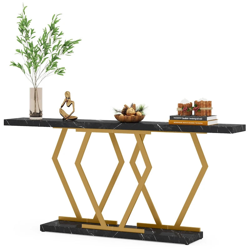 Console de 180 cm avec plateau en faux marbre et pieds en métal