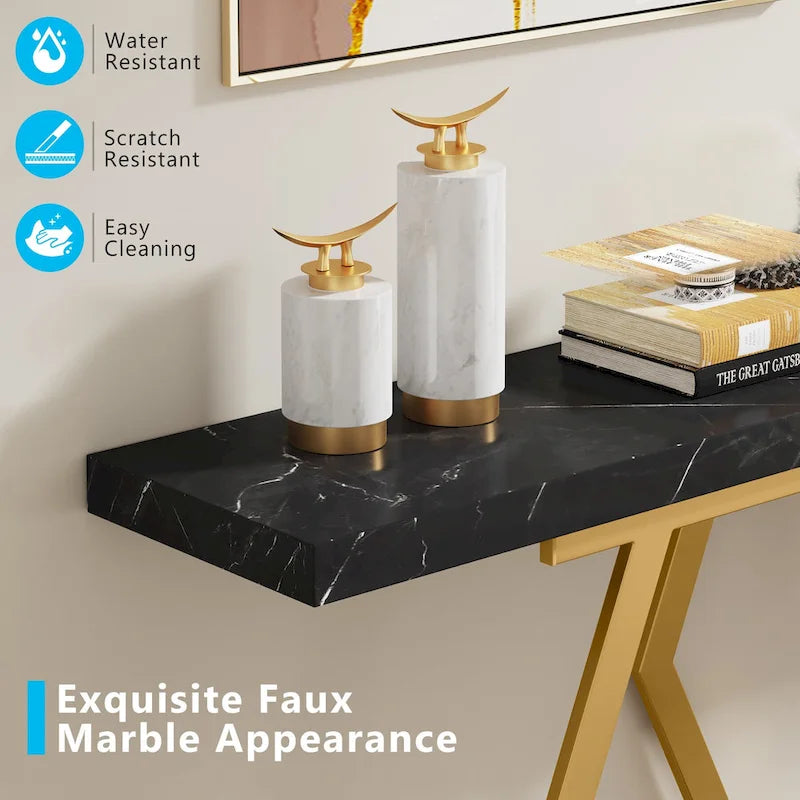 Console de 180 cm avec plateau en faux marbre et pieds en métal