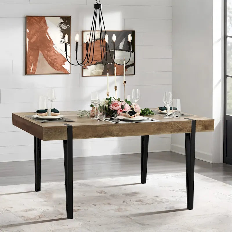 Table à manger 6 personnes en bois manufacturé finition chêne avec pieds en métal noir – 76,2 H x 160 W x 90,2 P
