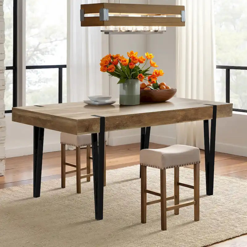 Table à manger 6 personnes en bois manufacturé finition chêne avec pieds en métal noir – 76,2 H x 160 W x 90,2 P