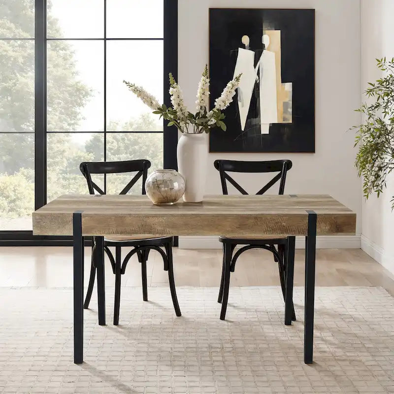 Table à manger 6 personnes en bois manufacturé finition chêne avec pieds en métal noir – 76,2 H x 160 W x 90,2 P